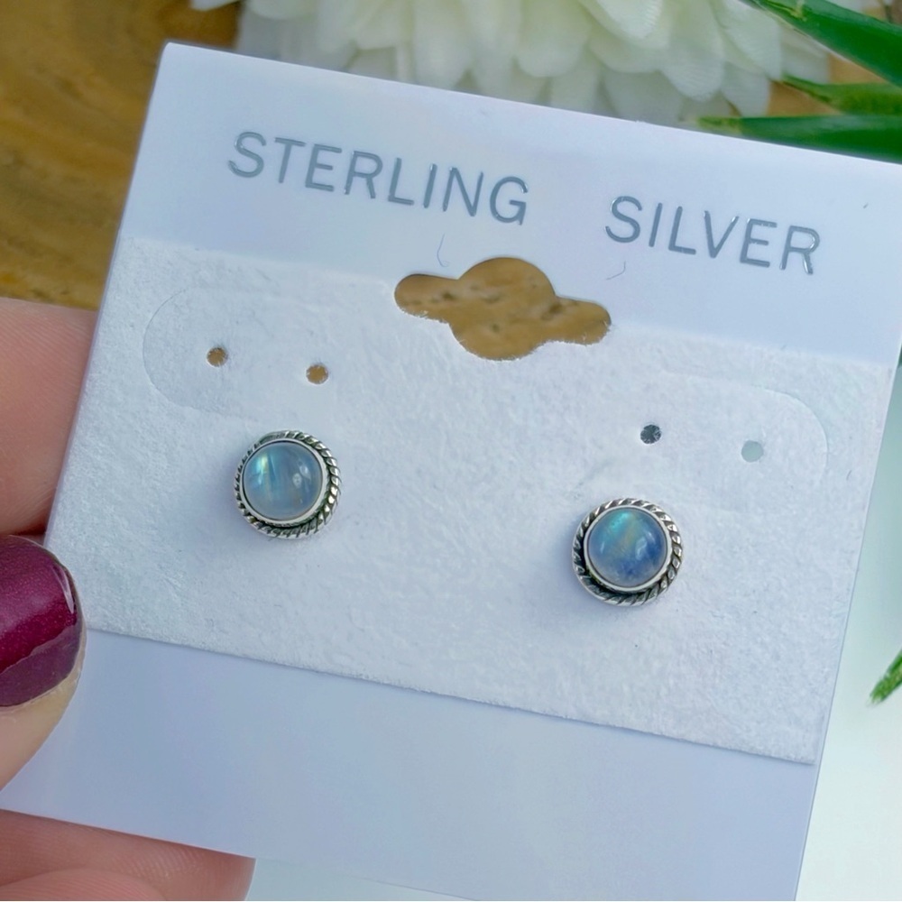 Pure Sterling Silver 925 Blue Rainbow Moonstone Stud Earrings Boho Southwest New